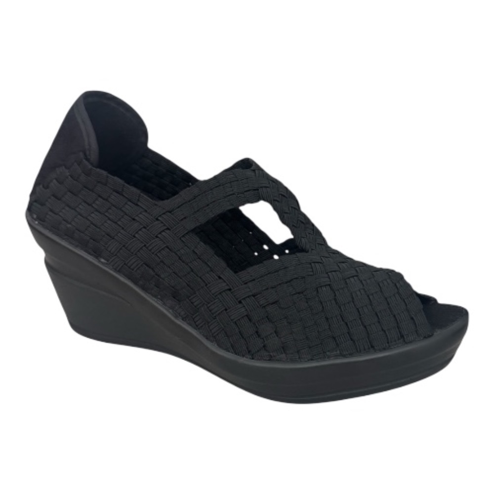 Bernie Mev Yvone Black Wedge Sandals Comfort Slip-On Peep Toe Lightweight - NWB